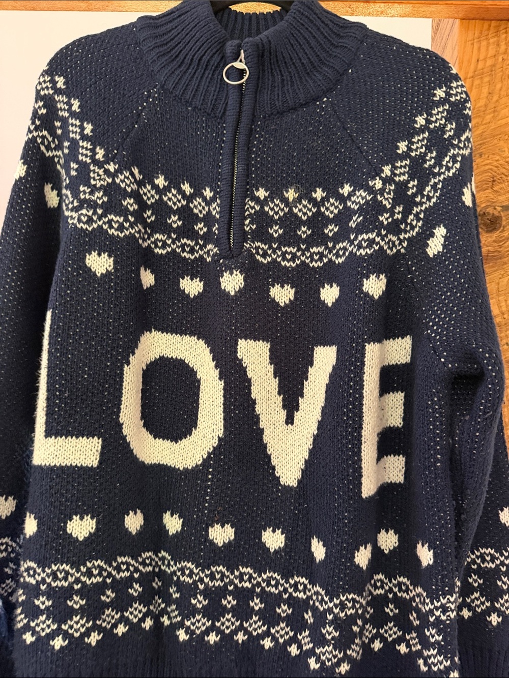aerie Navy and Cream 'LOVE' Half-Zip Cowl Sweater